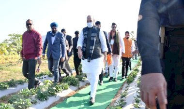 ऑर्गेनिक स्ट्रॉबेरी के खेत पर पहुंचे रक्षामंत्री राजनाथ सिंह, पूछा- फसल से कितना होगा लाभ