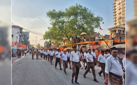 राष्ट्रीय स्वयंसेवक संघ के पथ संचलन पर नगरवासियों ने पुष्प वर्षा कर किया स्वागत