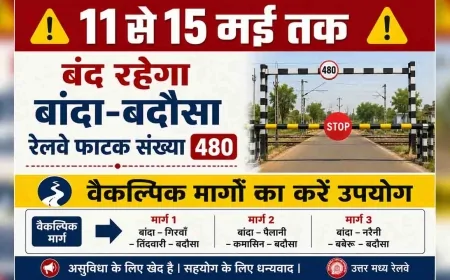 11 से 15 मई तक बंद रहेगा बांदा-बदौसा रेलवे फाटक संख्या 480, वैकल्पिक मार्गों का करें उपयोग