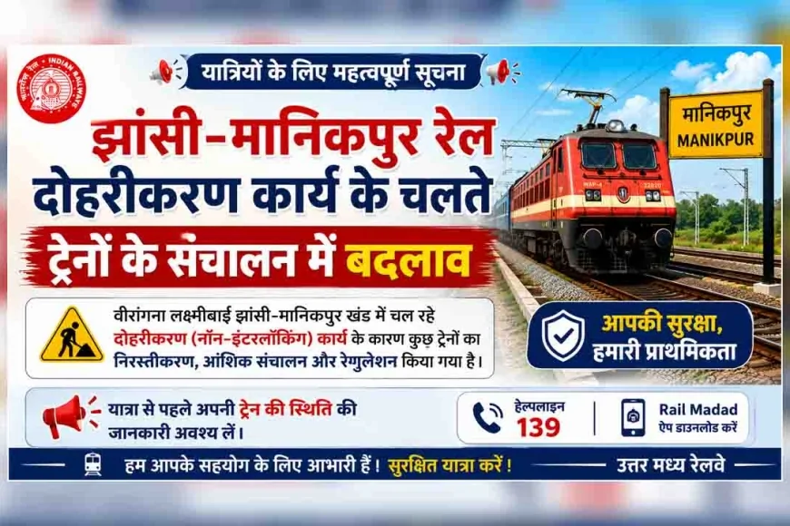 झांसी–मानिकपुर रेल दोहरीकरण कार्य: कई ट्रेनें रहेंगी निरस्त, कुछ के संचालन में बदलाव